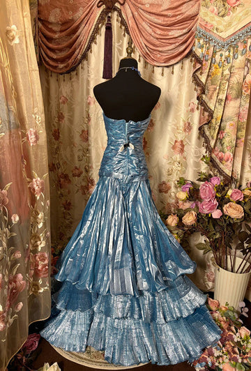 Mermaid Strapless Blue Satin Prom Dresses Long Evening Gown Formal Party Dress SD1299 HZ0628
